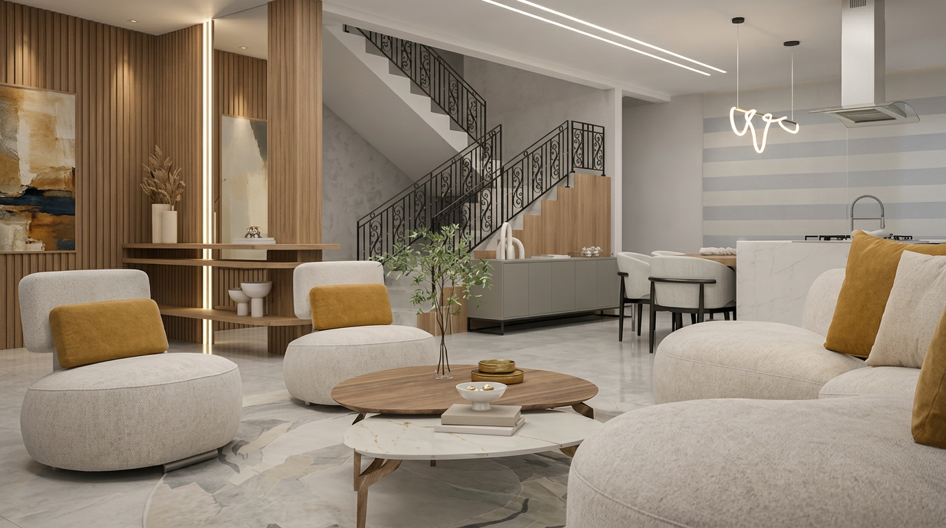 Showroom de móveis planejados premium com amostras de materiais